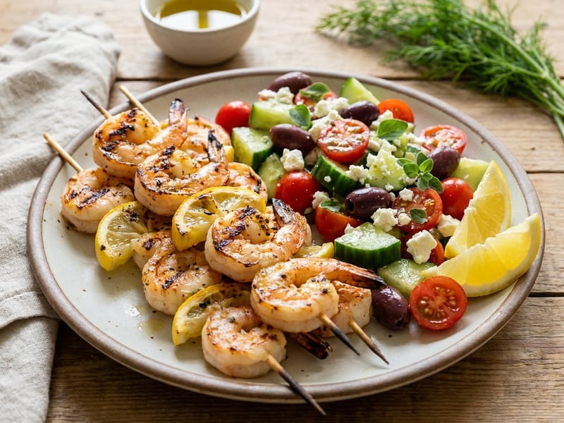 Lemon shrimp skewers with Greek salad | Light summer dinner