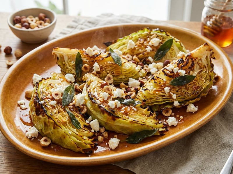 Roasted cabbage with goat cheese and hazelnuts