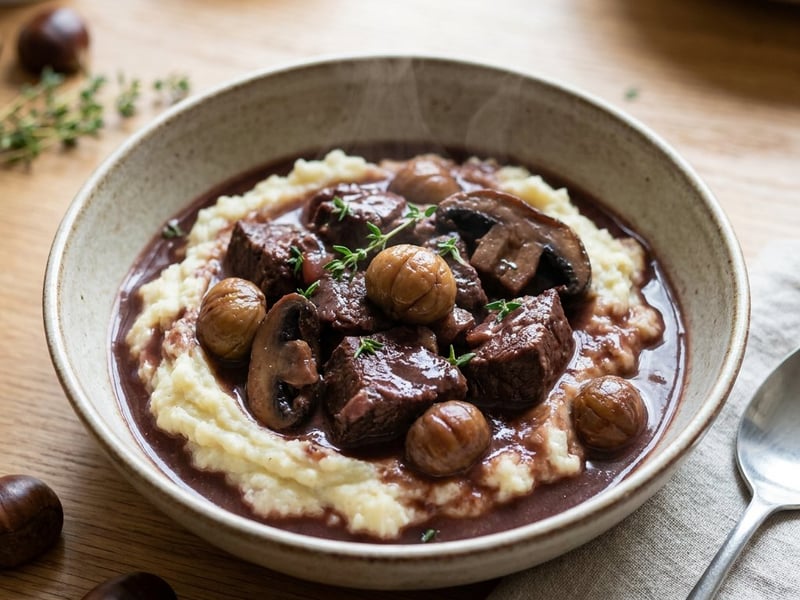 Szarvas bourguignon gesztenyével és zellerpürével
