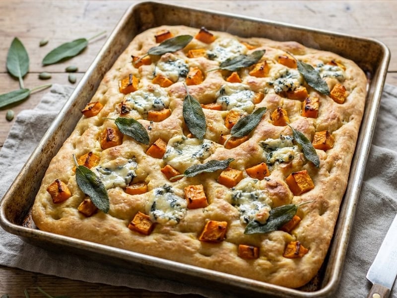 Pumpkin and sage focaccia with Gorgonzola