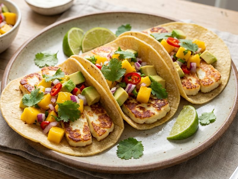 Grilled halloumi tacos with mango salsa | Summer street food