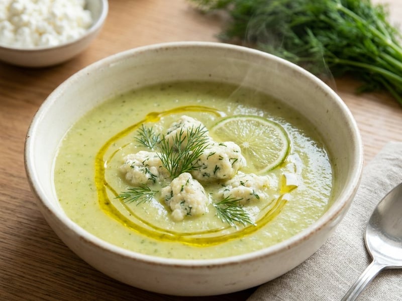 Lime Zucchini Cream Soup with Dill Cottage Cheese Dumplings
