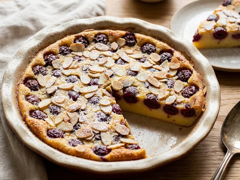 Meggyes clafoutis mandulával | Francia nyári tejes pite