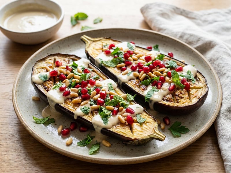 Roasted Eggplant with Tahini and Pomegranate | Summer Dinner