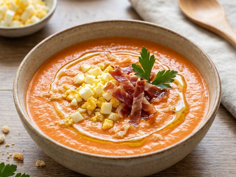 Andalúz salmorejo serrano sonkával | Spanyol hidegleves