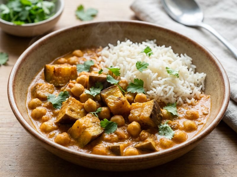 Indiai padlizsános csicseriborsó curry | Krémes indiai egytál