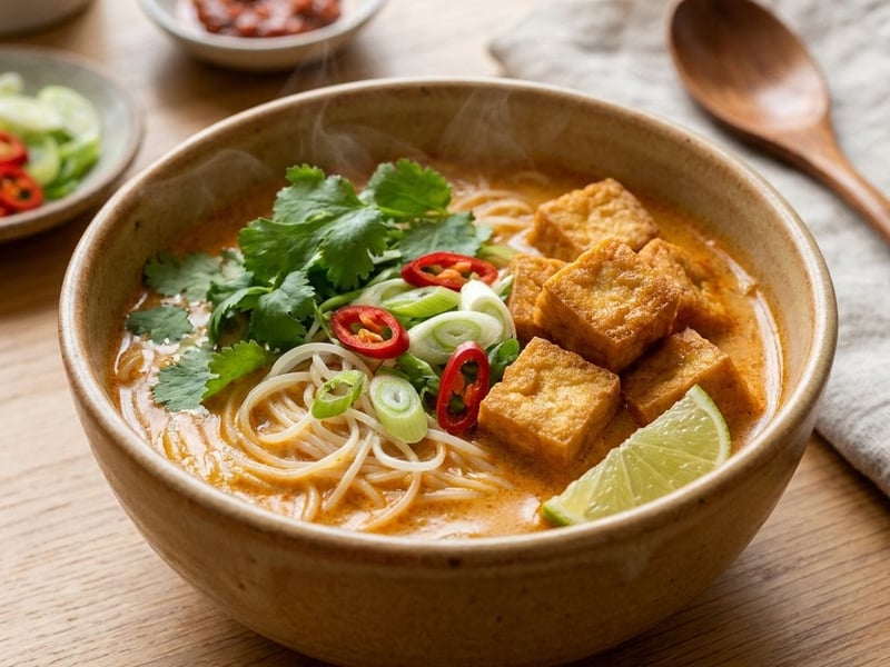 Maláj kókuszos tofu laksa leves | Gazdag ázsiai tésztaleves