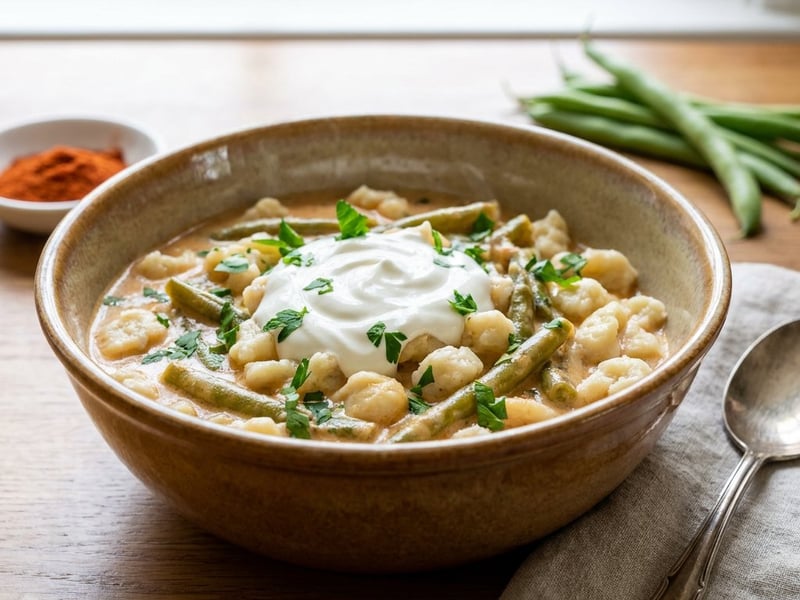 Green bean paprikash with sour cream and nokedli | Home-style summer dish