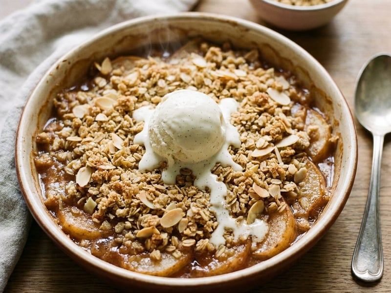 Pear crumble with vanilla ice cream | Crispy crumble