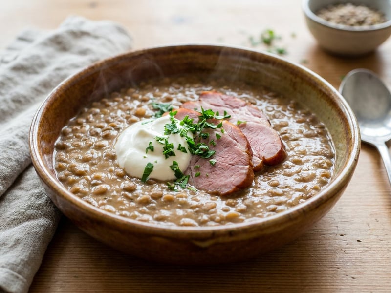 Sour cream lentil ragout with smoked pork collar | Hearty one-pot meal