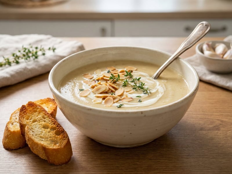 French Roasted Garlic Cream Soup with Toasted Almonds