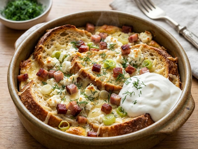 Savory Baked French Toast Casserole with Sheep Cheese | Juicy Leftover Saver
