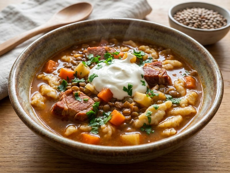 Lentil stew with smoked pork collar and csipetke noodles | Home-style one-pot dish