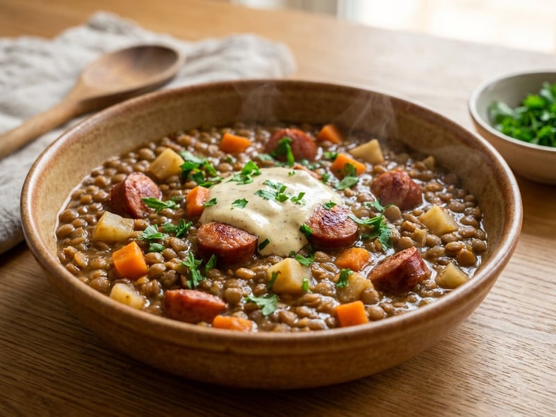 Mustard and Sour Cream Lentil Stew with Sausage | Hearty Autumn One-Pot Dish
