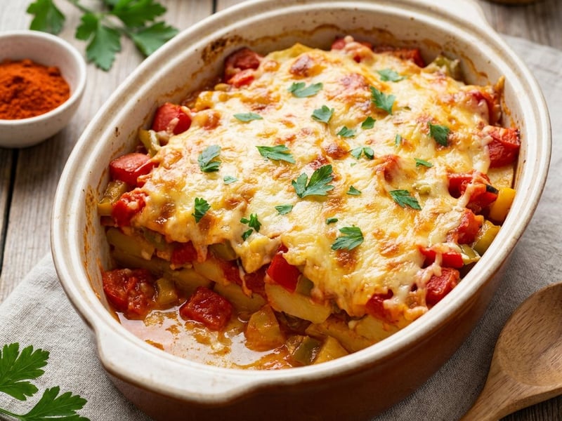 Baked potatoes with lecsó | Juicy Hungarian vegetable bake