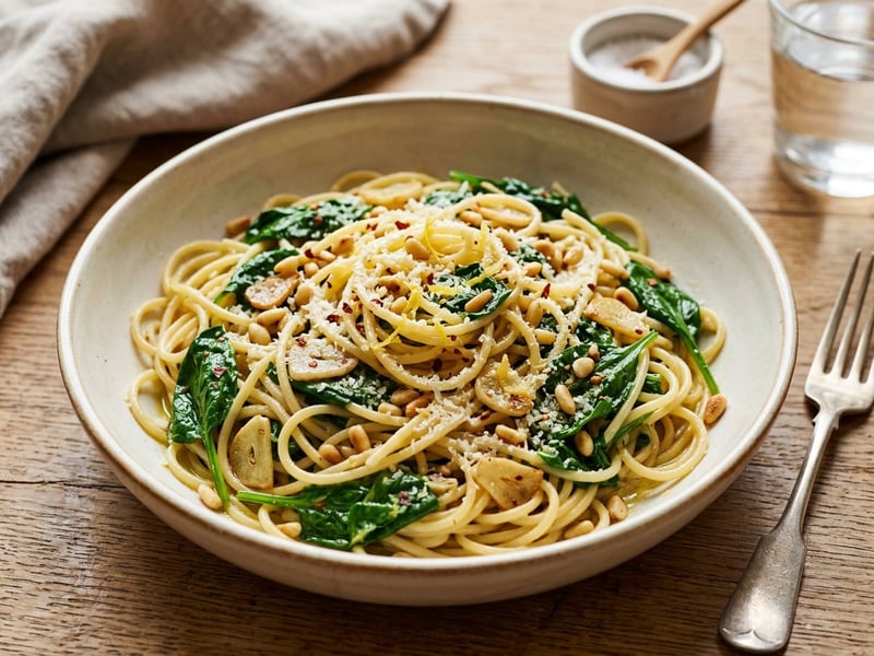 Spagetti fokhagymás pirított spenóttal és fenyőmaggal | 15 perces olasz tészta