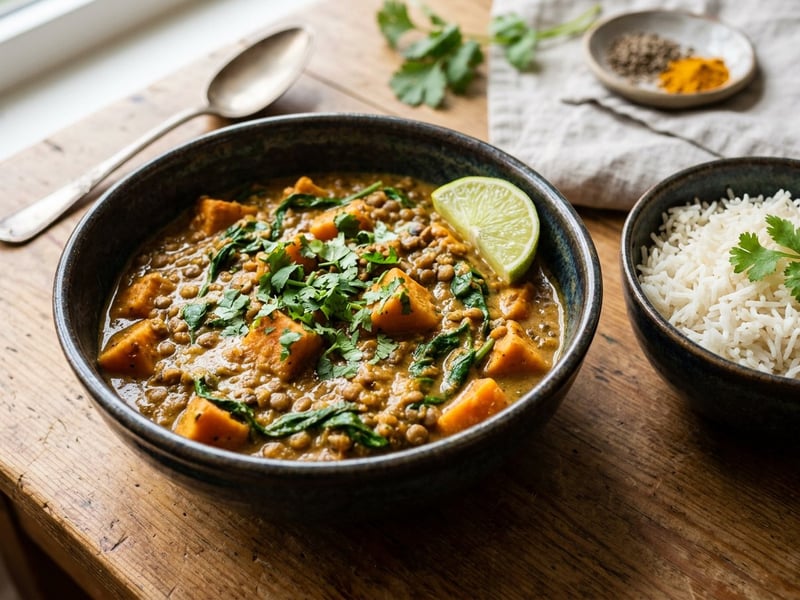 Édesburgonyás barna lencse curry | Fűszeres indiai egytál