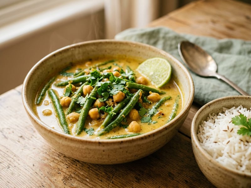 Zöldbabos csicseriborsó curry | Illatos indiai egytál