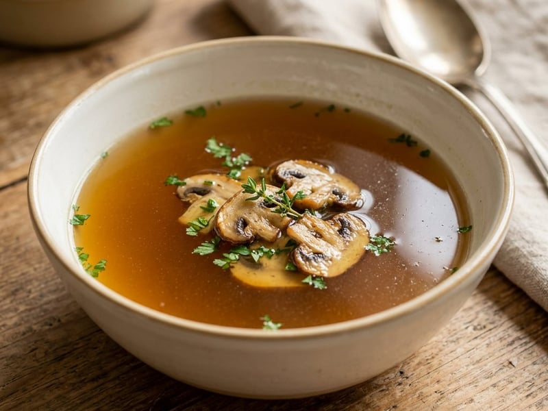 Francia erdei gomba-consommé kakukkfűvel