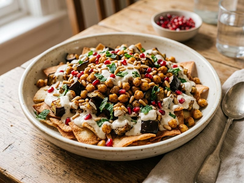 Padlizsános csicseriborsó fatteh | Ropogós pitával