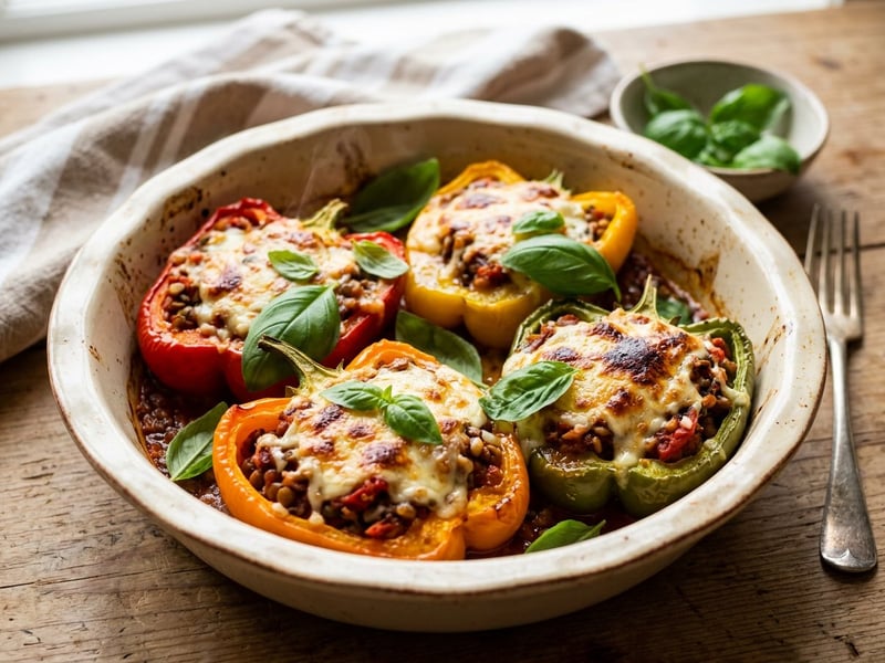 Mediterrán lencsével töltött sült paprika