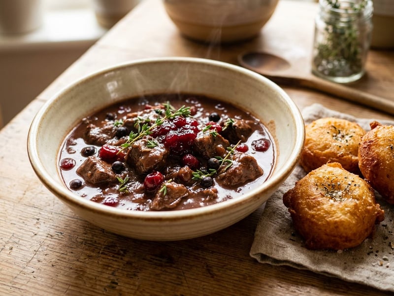 Venison Ragout with Cranberries | Crispy Homemade Potato Doughnuts