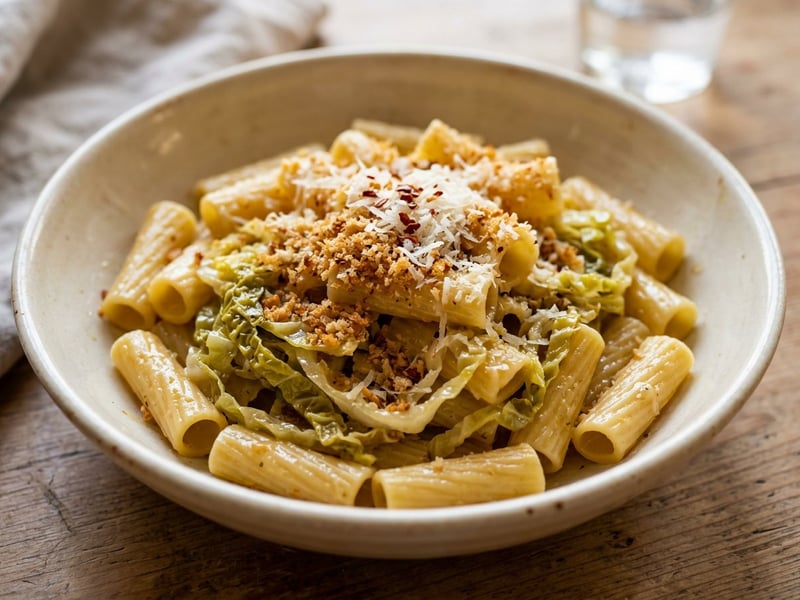 Tuscan Savoy Cabbage Rigatoni | With Crispy Garlic Breadcrumbs