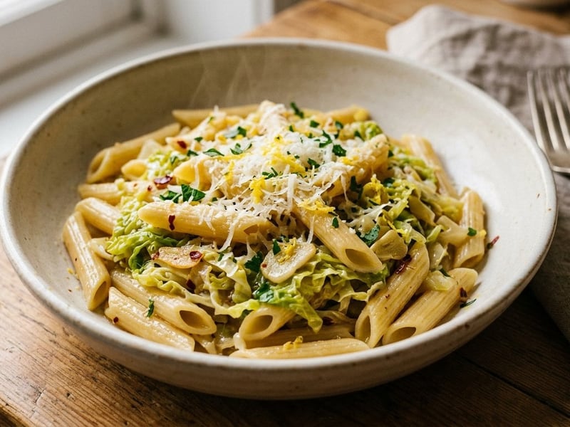 Italian Savoy Cabbage Penne | With Garlic and Parmesan