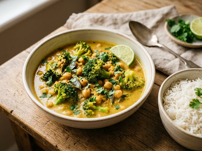 Indiai brokkolis csicseriborsó curry | Krémes zöldséges egytál