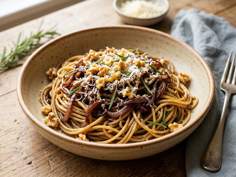 Karamellizált lilahagymás spagetti | Olasz tészta dióval
