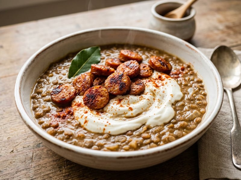 Traditional lentil stew with sour cream and Debreceni sausages