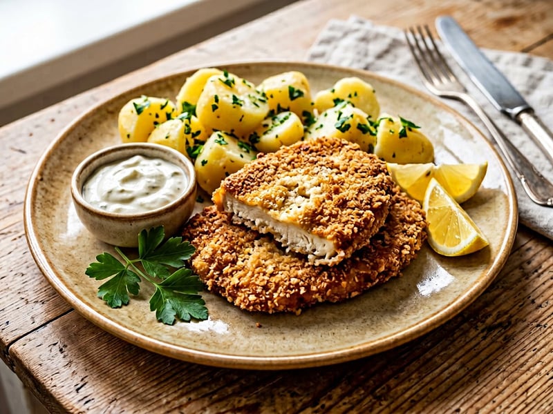 Breaded celeriac with garlic dip