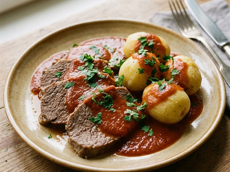 Boiled beef with classic tomato sauce and parsley potatoes