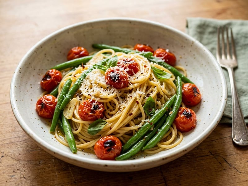 Olasz zöldbabos spagetti fokhagymával és koktélparadicsommal