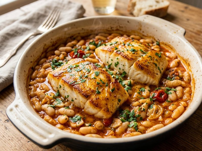 Katalán tepsis tőkehal fehérbabbal (Bacalao a la llauna)