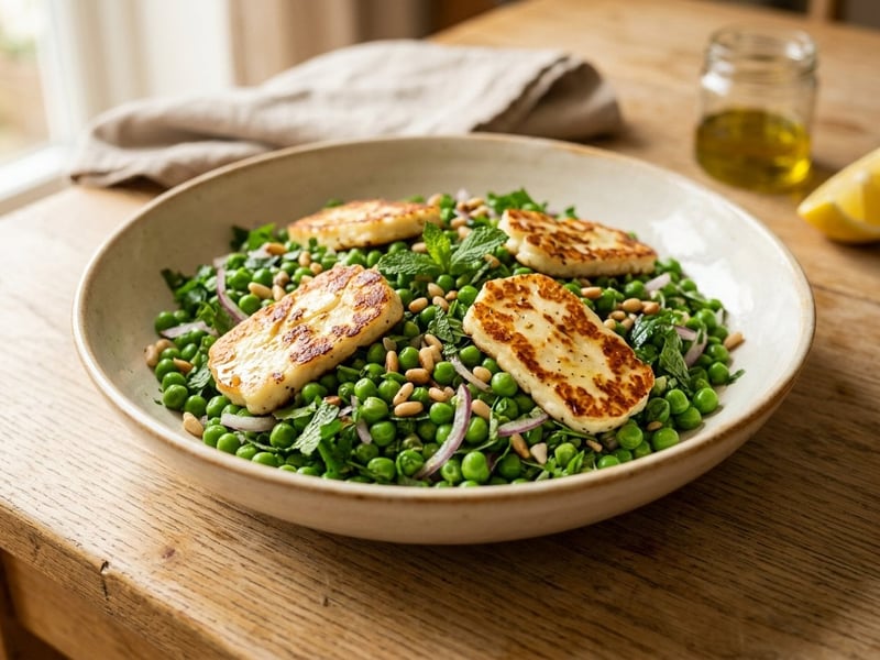 Middle Eastern Green Pea Salad with Fried Halloumi and Mint
