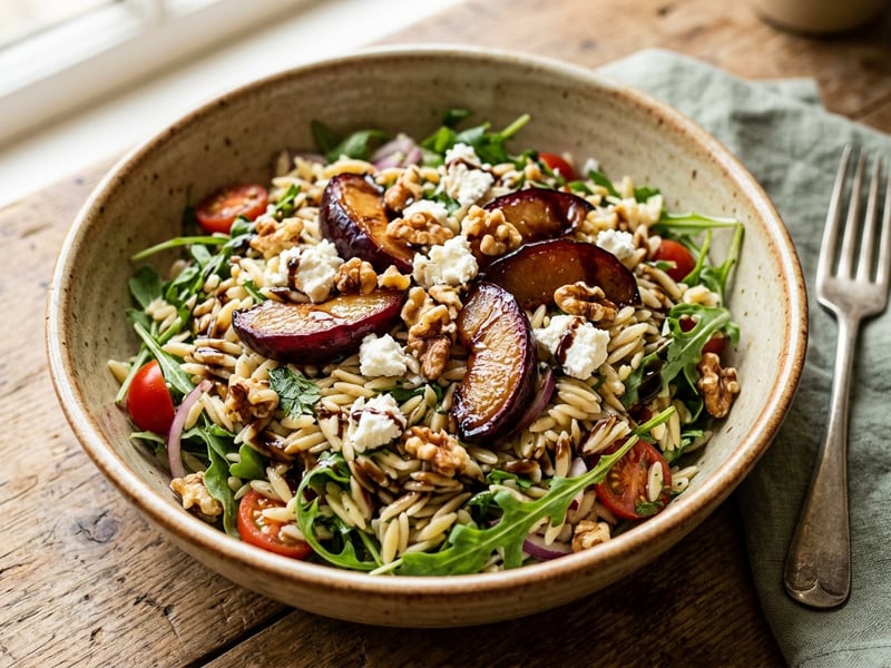Tuscan roasted plum orzo salad | Rich autumn grain bowl