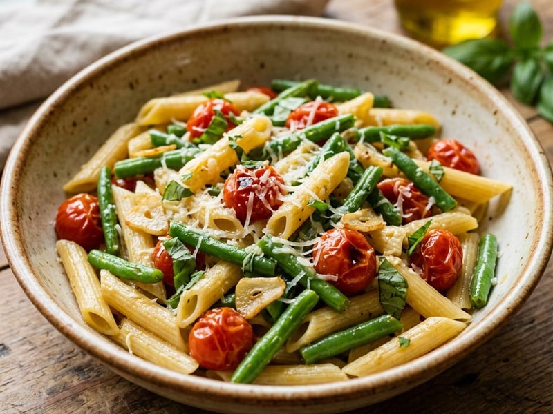 Italian Green Bean Penne with Garlic Cherry Tomatoes | 20-Minute Skillet Pasta