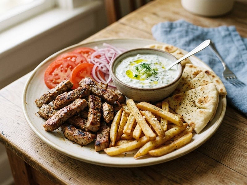 Görög sertés gyros tál | Szaftos hús házi tzatzikivel