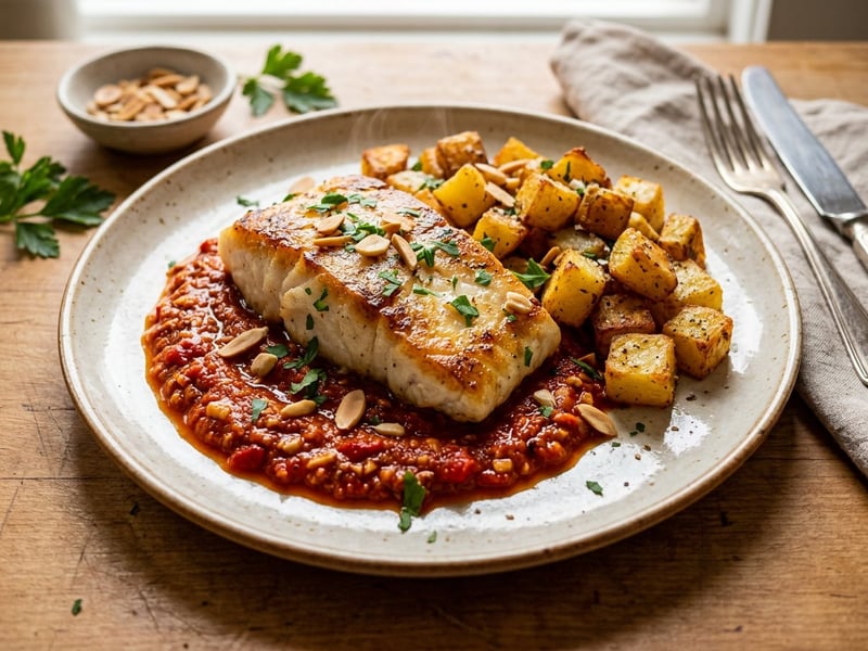 Spanish cod fillet with almond romesco sauce and roasted potatoes