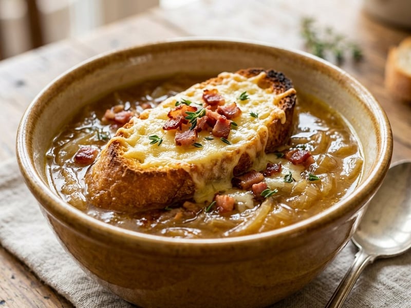 Alsatian Beer Onion Soup | With Crispy Bacon and Cheese