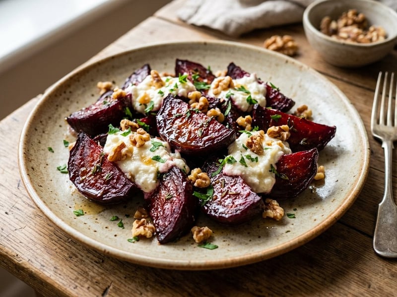 Roasted beetroot with sheep curd cheese and walnuts | Autumn vegetable dish