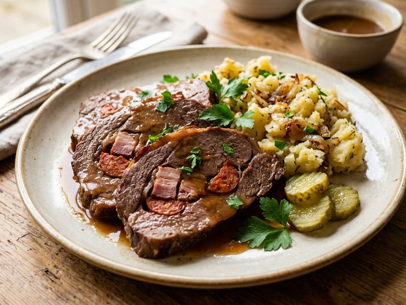Classic Larded Beef Rump | With juicy gravy and onion crushed potatoes