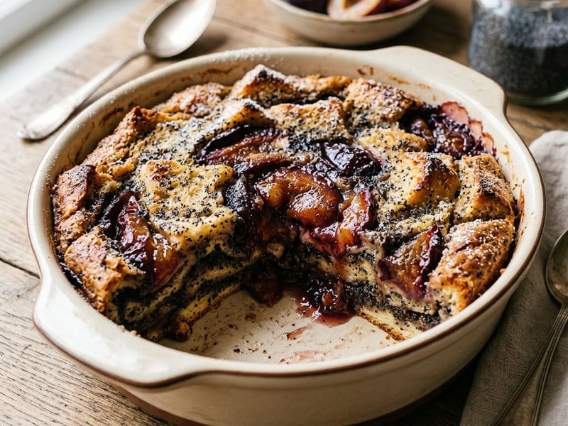 Baked Plum Poppy Seed Bread Pudding | Juicy Autumn Dessert