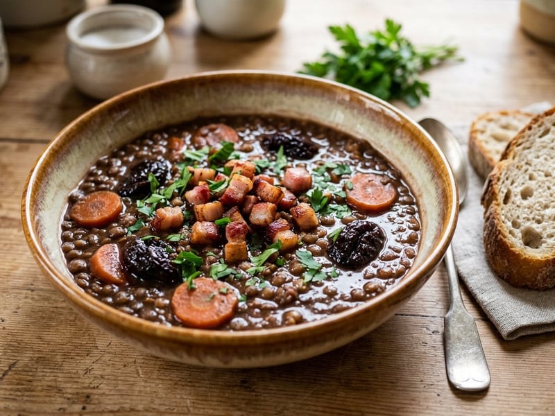 Red wine lentil ragout with prunes and Kolozsvári bacon
