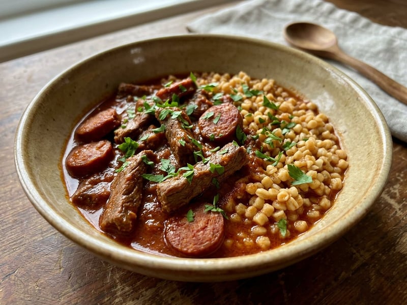 Debreceni beef tokány with toasted tarhonya