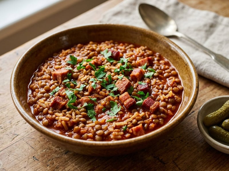 Bácska-Style Rice and Lentils with Smoked Pork Collar