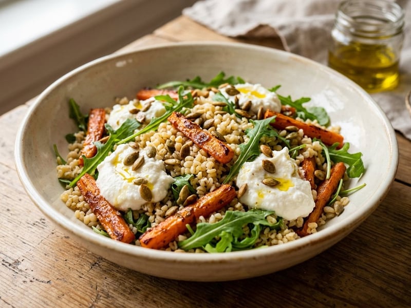 Italian roasted carrot bulgur salad with ricotta and pumpkin seeds