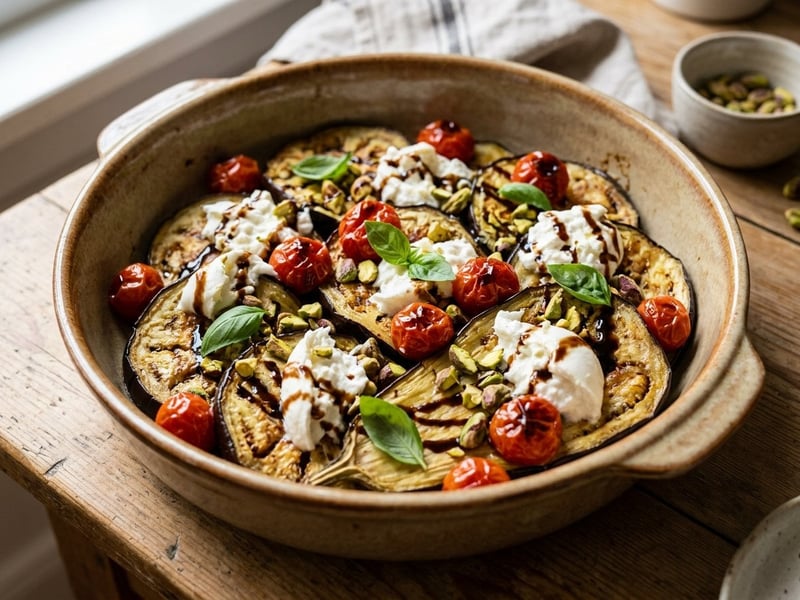 Mediterranean baked aubergine with creamy burrata