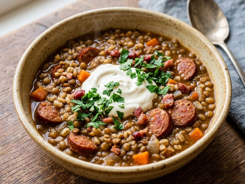 Pearl barley and lentil stew with sausage | Hearty rustic one-pot dish